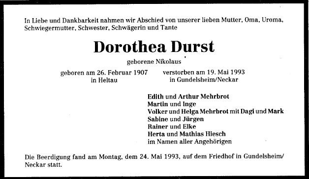 Nikolaus Dorothea 1907-1993 Todesanzeige